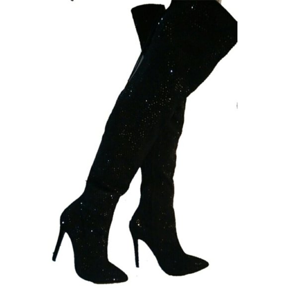 C - BELLA LUNA 7.5 BLACK RHINESTONE SPARKLY BOOTS OTK holiday party womens - Picture 2 of 11